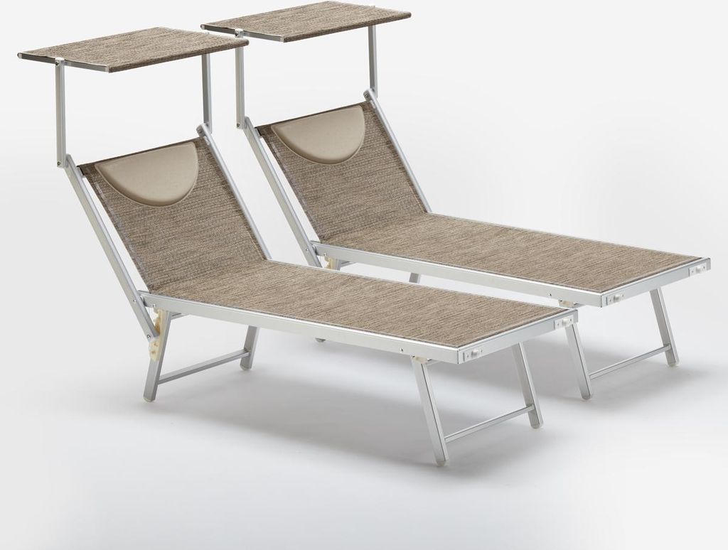 Two beach chairs with canopies on a plain background.