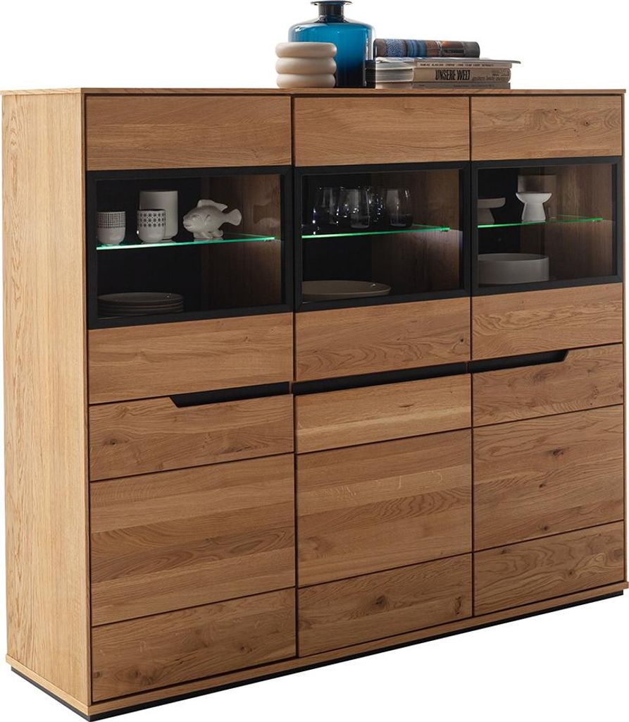 Wohnzimmer Highboard inkl. Beleuchtung mit 153 cm Breite in Eiche teilmassiv mit 3 Glasrahmentüren & 3 Holztüren - AVESTA-06