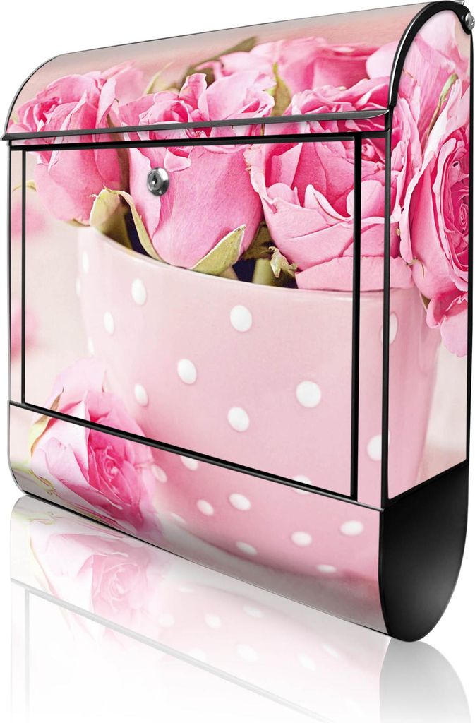 banjado Design Briefkasten Stahl schwarz mit Zeitungsfach pulverbeschichtet "Tasse Voll Rosen" 38x46x12,5cm & 2 Schlüssel - Postkasten A4 Einwurf ...