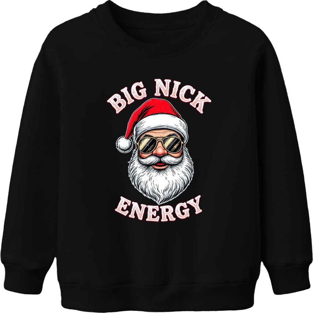 BIG NICK ENERGY Weihnachtsmann Sonnenbrille Weihnachtsgeschenk Uni Kinder Sweatshirt Pullover, Schwarz, 104
