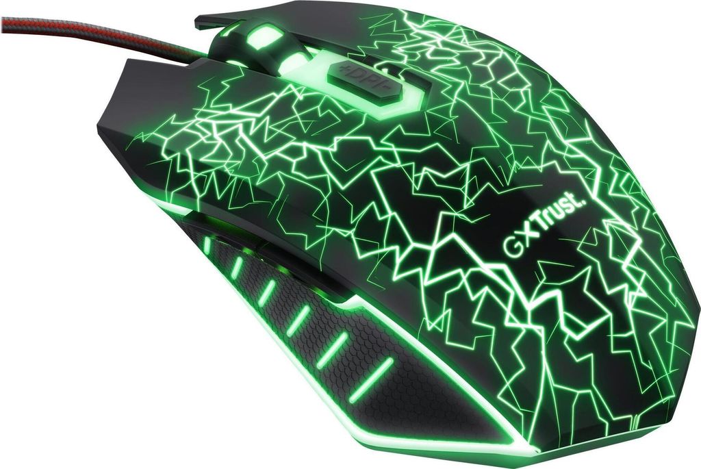 A gaming mouse with a black body and a green lightning pattern, set against a white background.