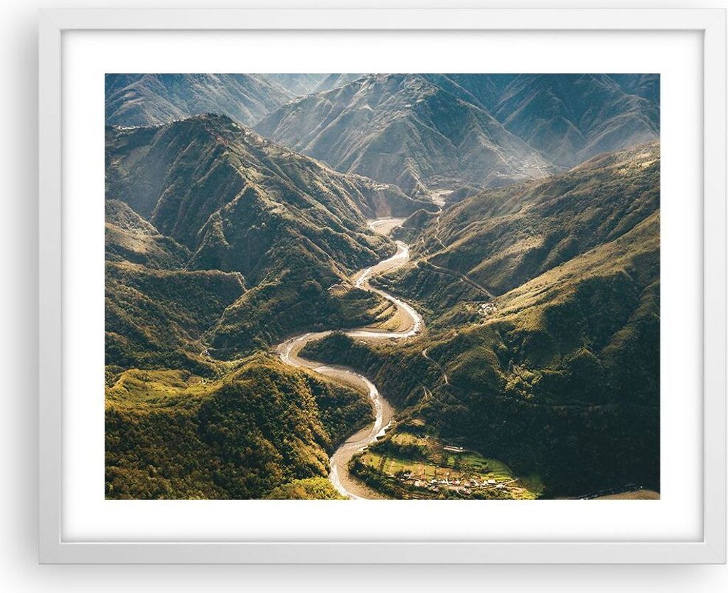 Gerahmtes Poster - Weißer Rahmen - Berge Weg Wald - 50x40 cm - Wand Bild - Wanddeko - Wandbilder - Kunstposter - Wandposter - Bilderrahmen - Bilde...