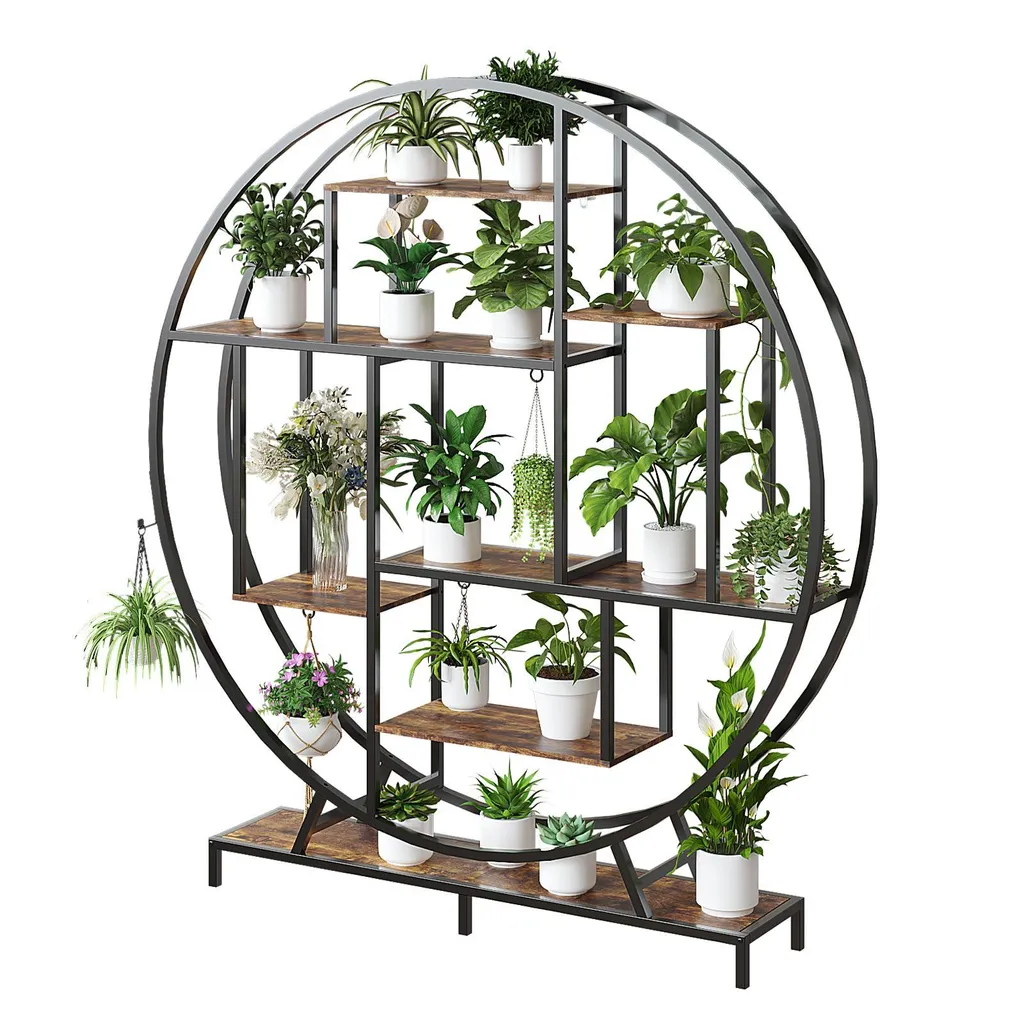 Support de fleurs avec lumière de croissance rond noir 7 niveaux 160cm