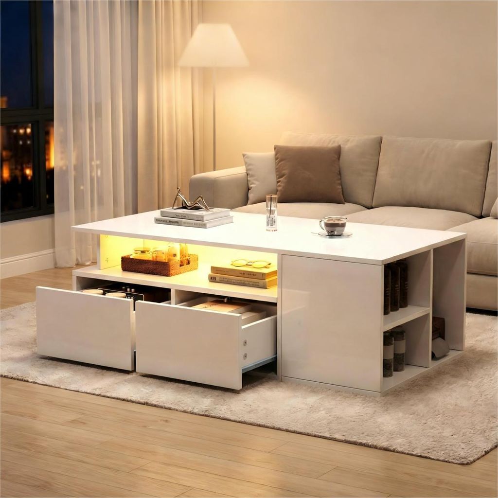 Couchtisch mit LED Beleuchtung 100x50x35cm Wohnzimmertisch Weiß mit 2 Schubladen Modern Teetisch Sofatisch Viel Stauraum 60kg Tragfähigkeit
