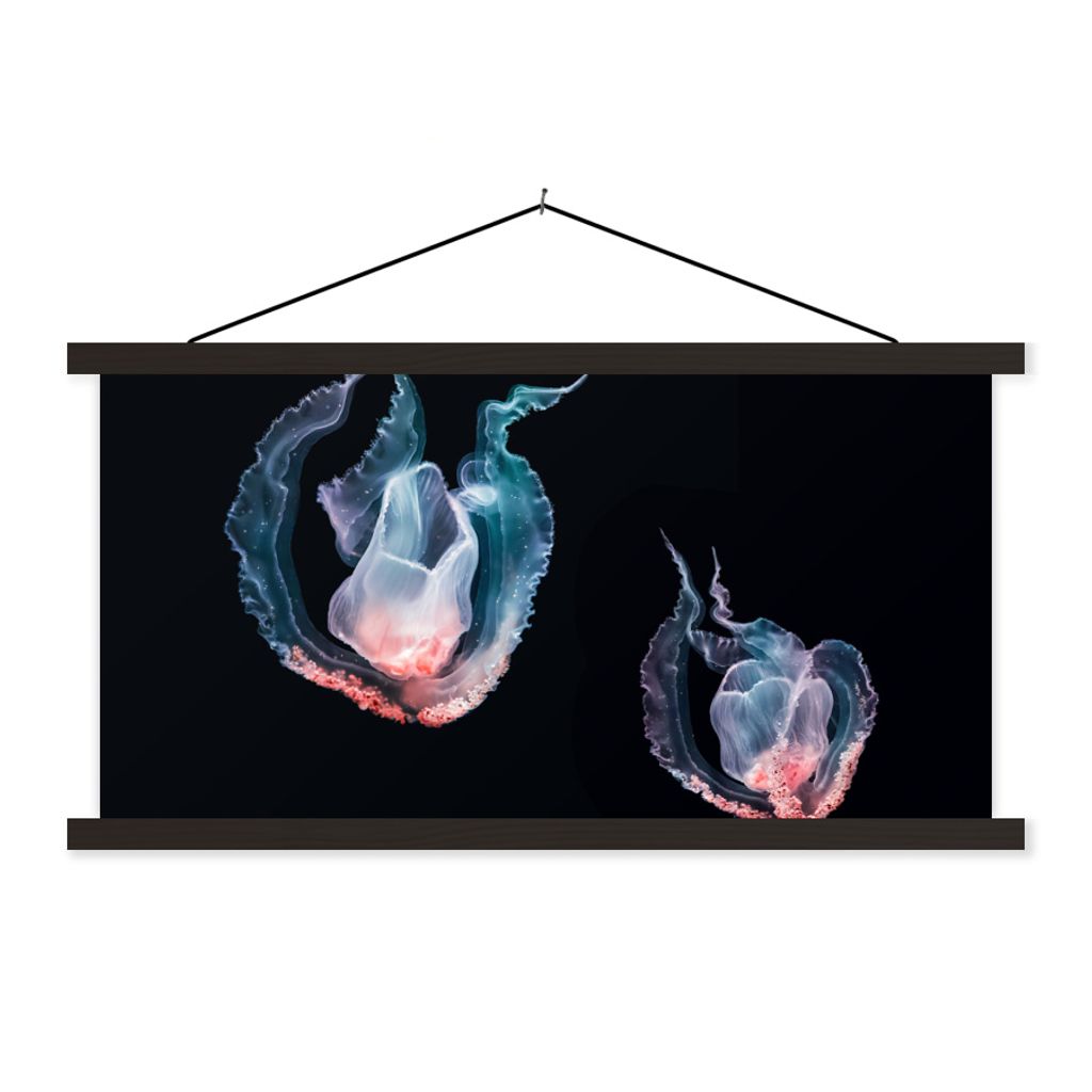 MuchoWow Textilposter Quallen - Meerestiere - Schwarz 60x30 cm mit schwarzem Rahmen - Textilien