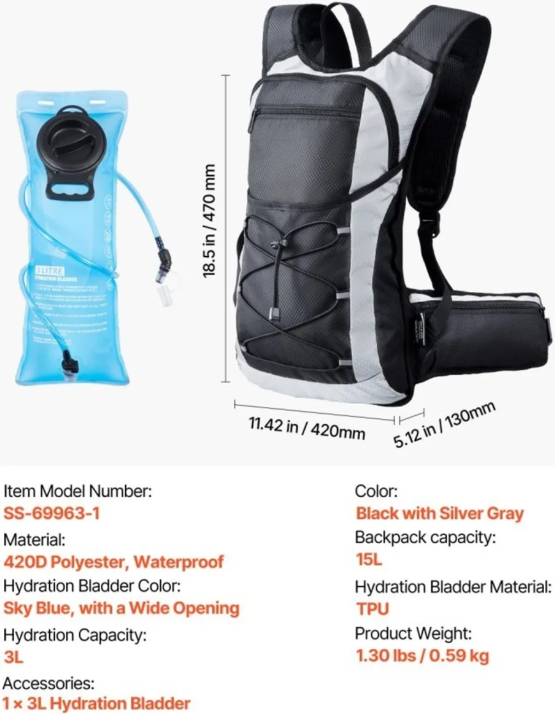 Sac d'hydratation 3L en TPU résistant, sac à dos étanche noir outdoor