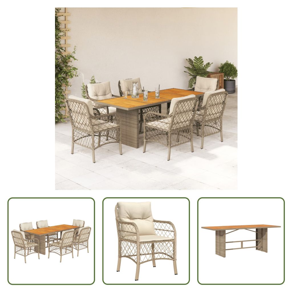 The Living Store 7-tlg. Garten-Essgruppe mit Kissen Beige Poly Rattan