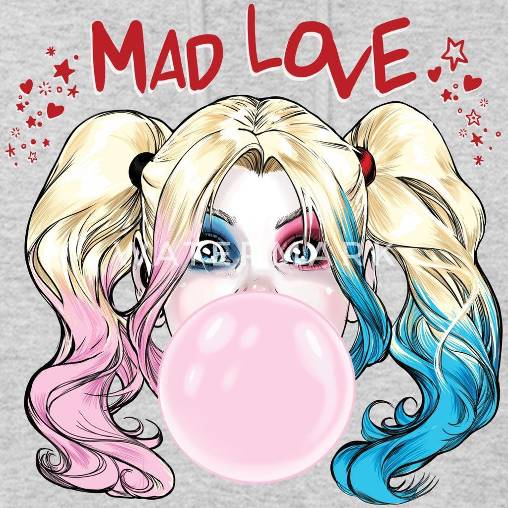 Spreadshirt Harley Quinn Mad Love Bubblegum Damen Hoodie, M, Hellgrau meliert