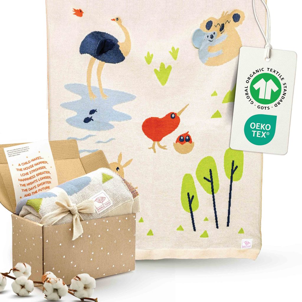 Merle Toys Babydecke Baumwolle, 100% Baumwolldecke, Strickdecke, Baby Baumwoll Decke, Kuscheldecke Baby, 100x80cm, Strickdecke, Abenteuerfreunde