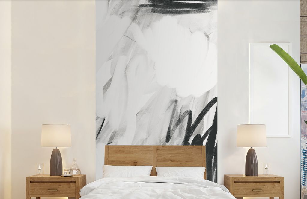 MuchoWow Fototapete für Wohnzimmer oder Schlafzimmer Wandtapete Vinyl Motivtapete Kunst - Schwarz - Weiß - Abstrakt - 120x240 cm - Hintergrundbild
