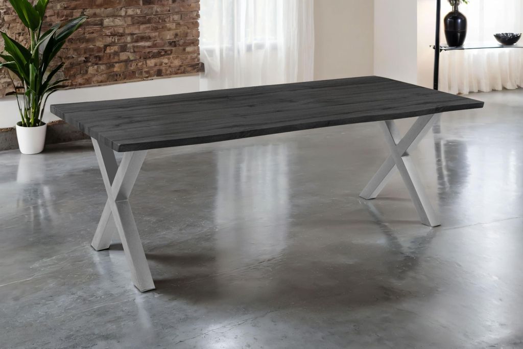 Esstisch Josy | 240 x 100 cm | Holz-Optik in Grau | X-Gestell Metall Silber | 40 mm Tischplatte mit Baumkante | Tisch für Esszimmer & Küche