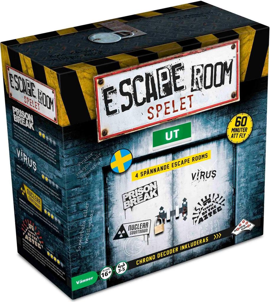 Escape Room Spiel Schwedisch 16+ mit 4 Herausforderungen und Zeitzähl-Chrono-Decoder