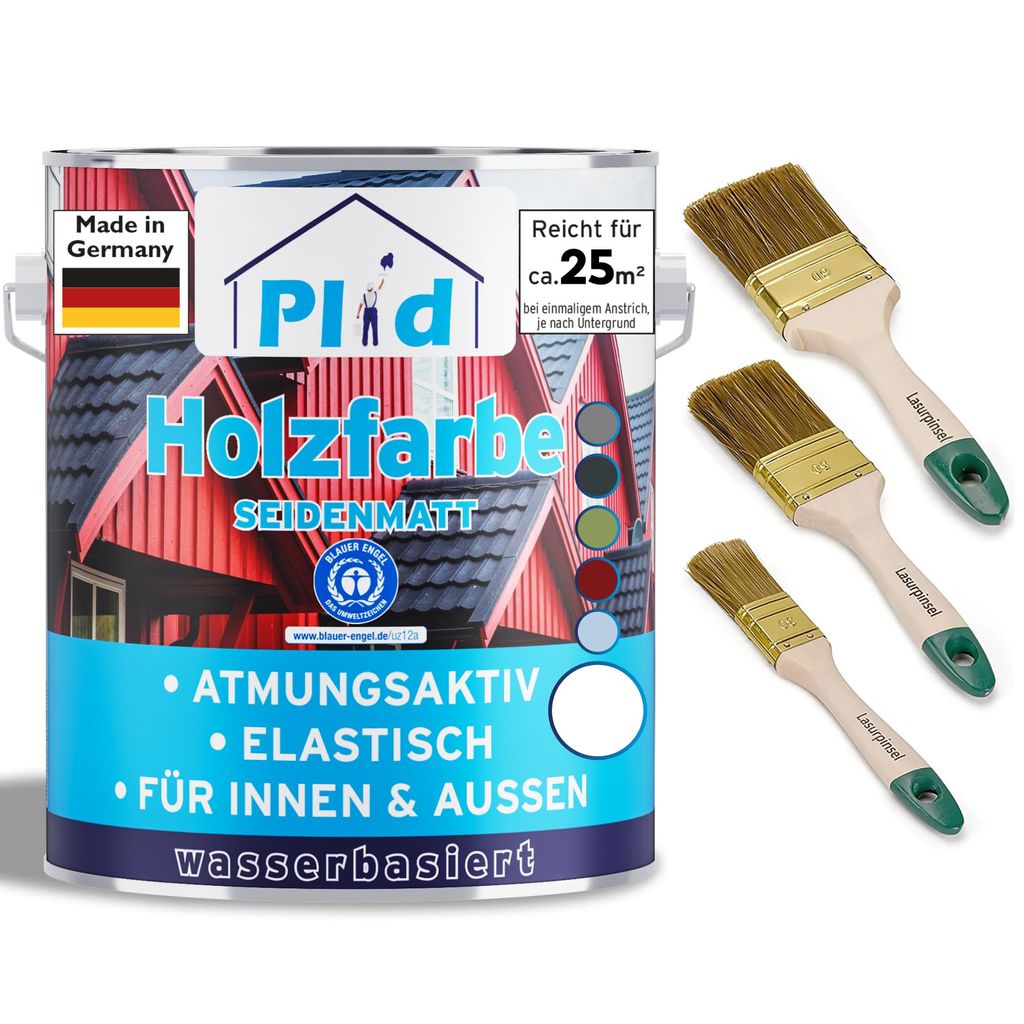 Plid Holzfarbe Weiß 2,5l + Pinselset 3-tlg. / Innen & Außen - Wetterschutzfarbe Holzfarbe Außen - Dauerhafte Holzschutzfarbe - Holzlack