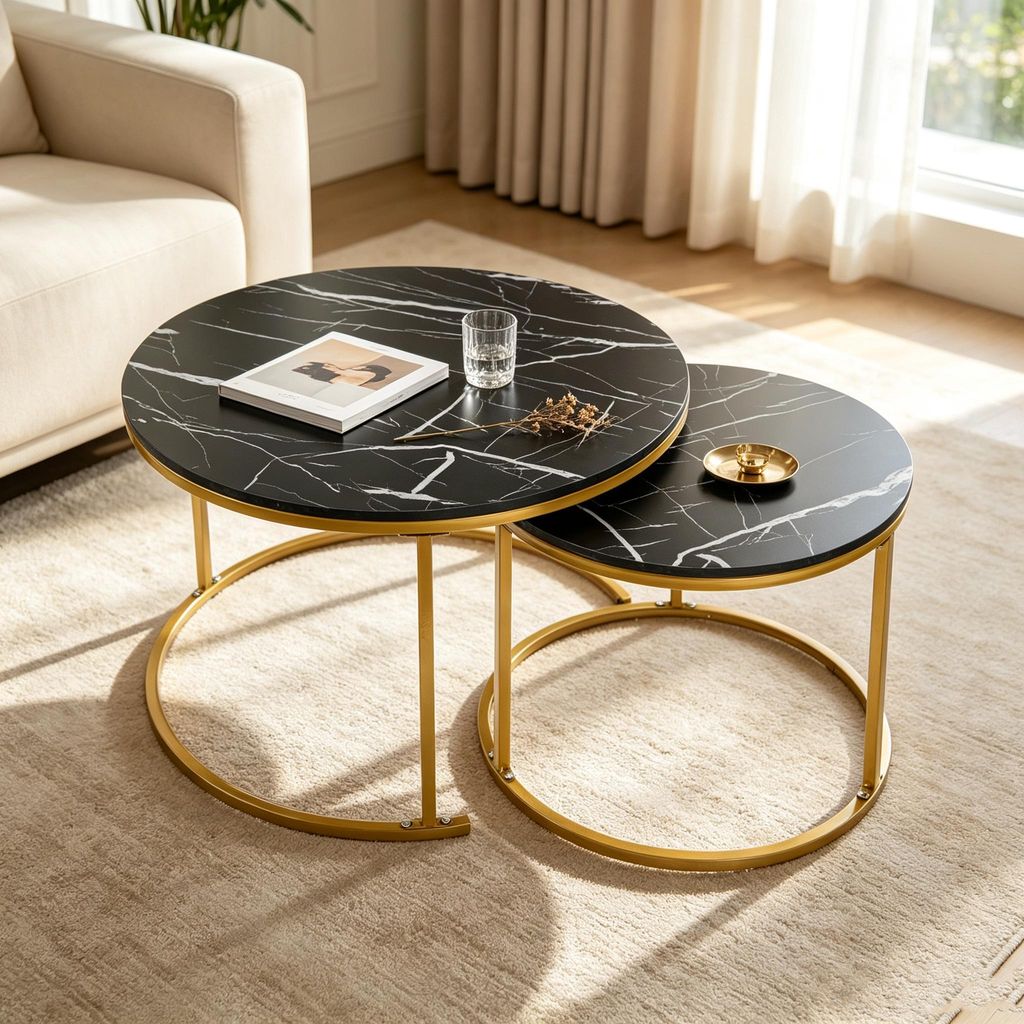 Couchtisch Rund ,Satztisch 2er Set,Schwarz Marmor Produktbild 