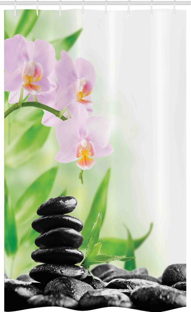 ABAKUHAUS Spa Schmaler Duschvorhang, Basaltsteine Orchid, Badezimmer Deko Set aus Stoff mit Haken, 120 x 180 cm, Schwarz Grün Rosa