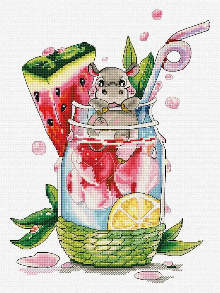 Kit broderie point de croix facile Hippopotame Heureux avec diagramme