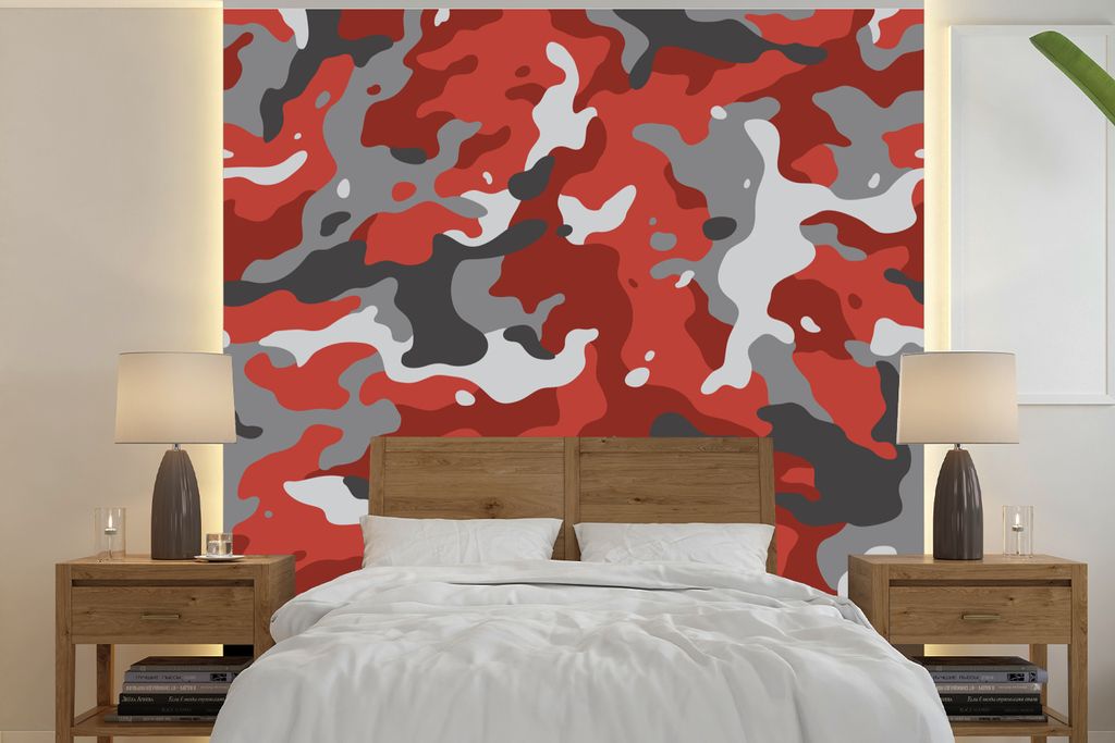 MuchoWow Fototapete für Wohnzimmer oder Schlafzimmer Wandtapete Vinyl Motivtapete Rot mit grauem Camouflage-Muster - 260x260 cm - Papiertapeten