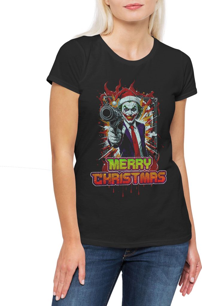 Urban Backwoods Merry Christmas Joker Gun, Damen T-Shirt, Farbe: Schwarz, Größe: 2XL