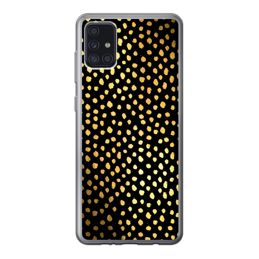 MuchoWow Handyhülle Schutzhülle Hülle für Samsung Galaxy A52 5G Polka dots - Gold - Schwarz Silikon Softcase Handy Hülle - Umschlag