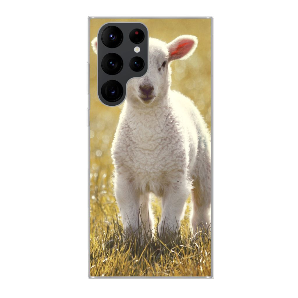 MuchoWow Handyhülle Schutzhülle Hülle für Samsung Galaxy S22 Ultra Lamm - Gras - Sonne Silikon Softcase Handy Hülle - Abbildung