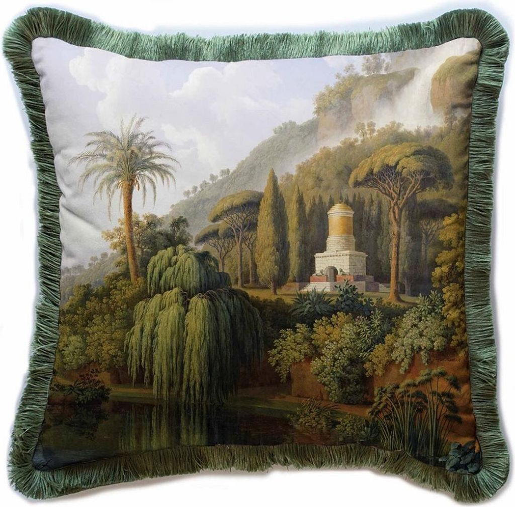 Casa Padrino Luxus Deko Kissen Landschaft Mehrfarbig / Grün 45 x 45 cm - Bedrucktes Samt Kissen mit Fransen - Luxus Deko Accessoires
