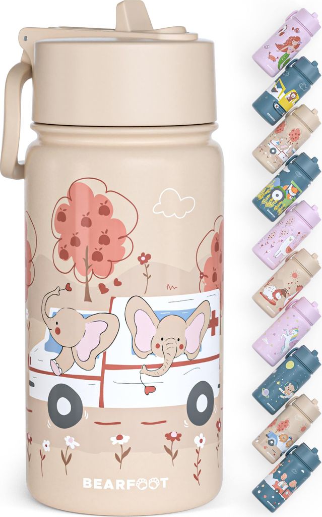 Trinkflasche Kinder Edelstahl mit Strohhalm, Thermosflasche 400ml - BPA frei, auslaufsicher, Kleinkinder, Mädchen & Jungen - Krankenwagen braun