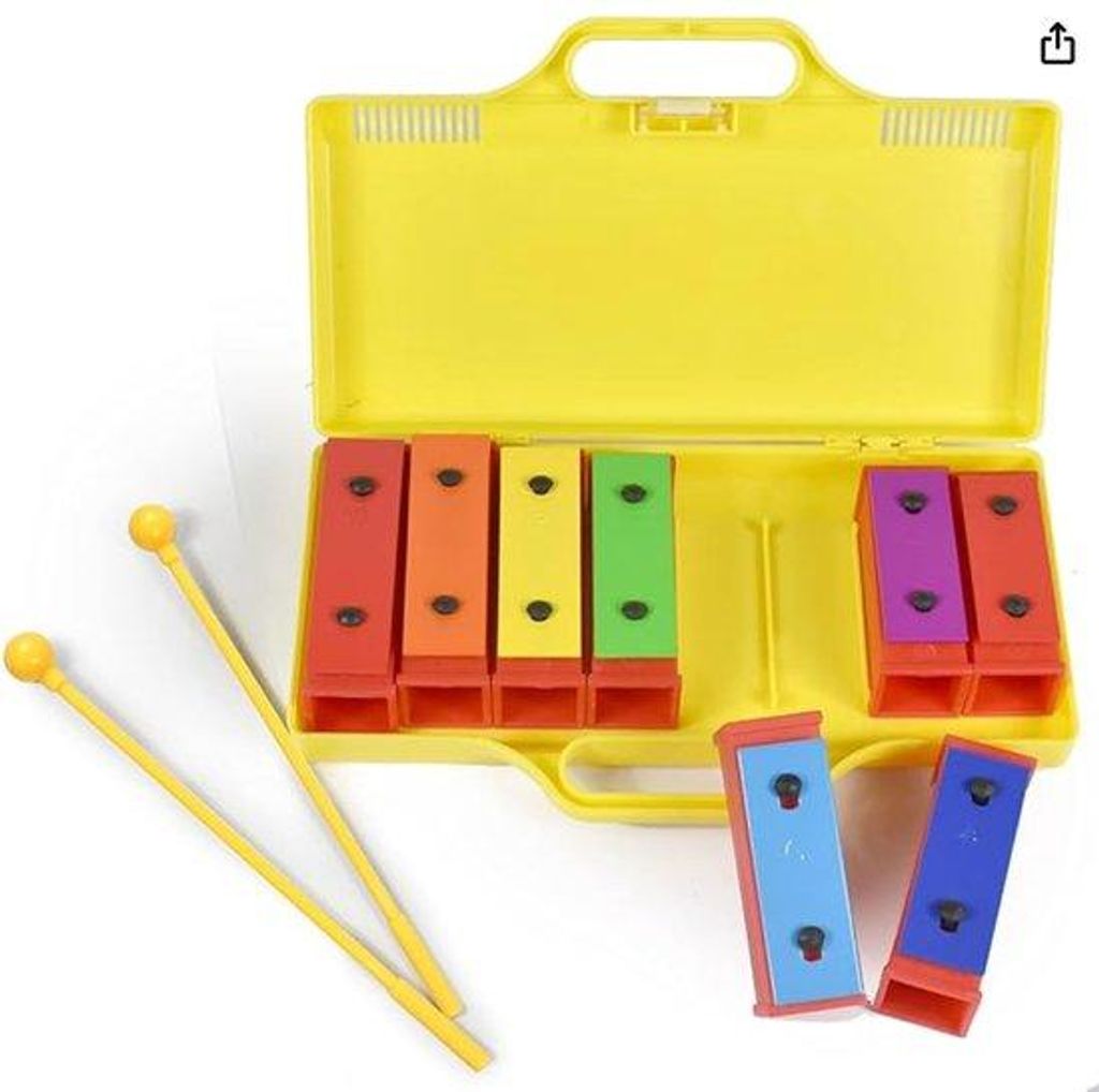 Kleurige xylofoon, glockenspiel, resonator, bellen mit gelber Kunststoffgehäuse