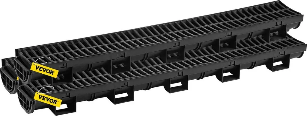 Sistema di drenaggio a fossa, canale di scolo con griglia in plastica, fossa di drenaggio in HDPE 145x79 mm, scarico per pavimento garage in plastica nera, griglia per fossa di drenaggio 3x39, con 3 tappi terminali, per giardino, vialetto - confezione da 3 - 10