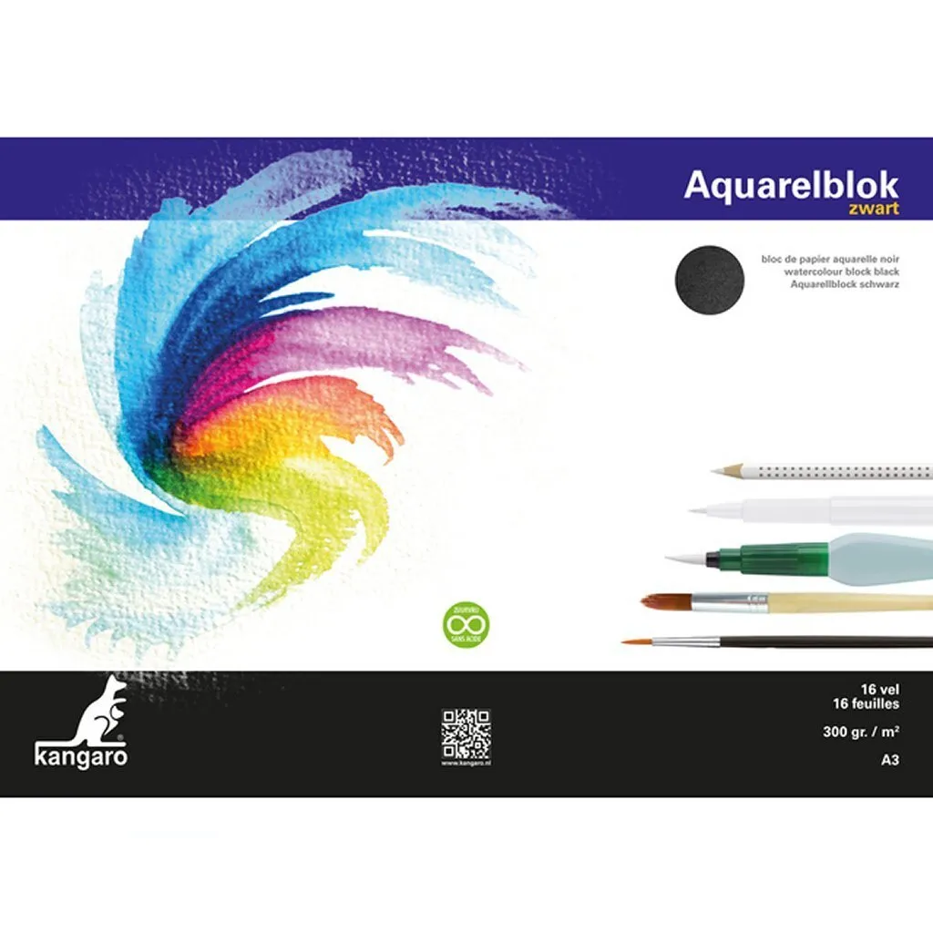 Blocco Kangaro K-5313 A3 Aquarelblok 300 Grammi Nero 16 Fogli
