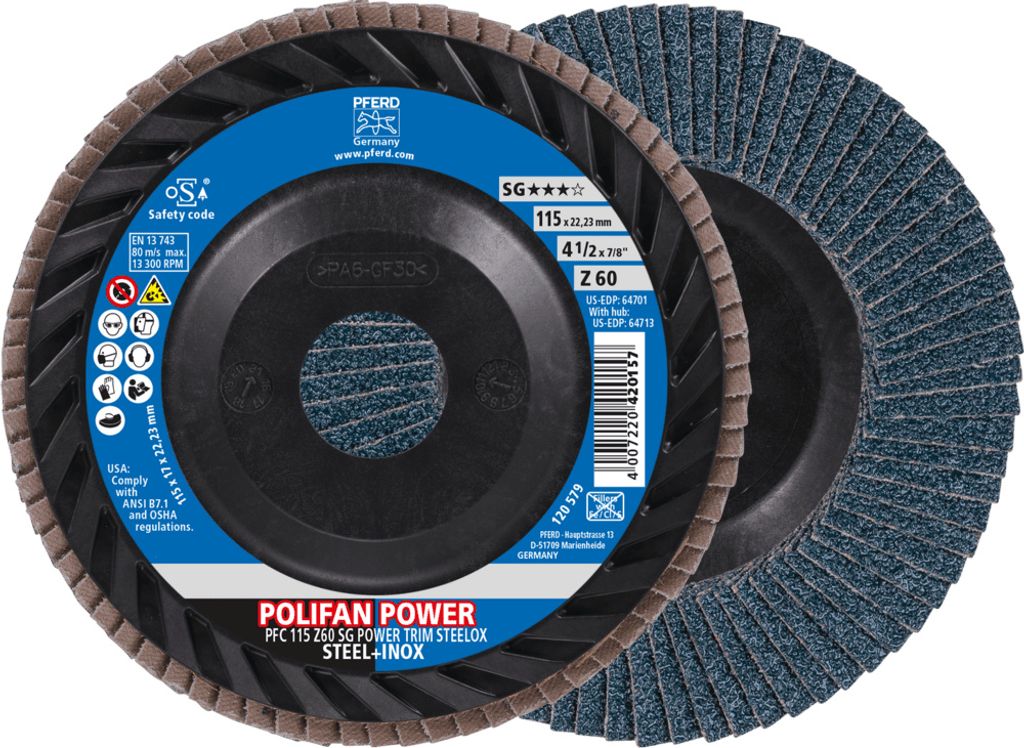 PFERD TOOLS POLIFAN POWER Fächerscheibe PFC 115x22,23 mm konisch Z60 Leistungslinie SG TRIM STEELOX für Stahl/Edelstahl