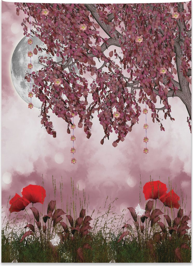 Abakuhaus Baum Wandteppich, Traumgarten mit Mohnblumen aus Weiches Mikrofaser Stoff Kein Verblassen Klare Farben Waschbar, 110 x 150 cm, Lila Rot