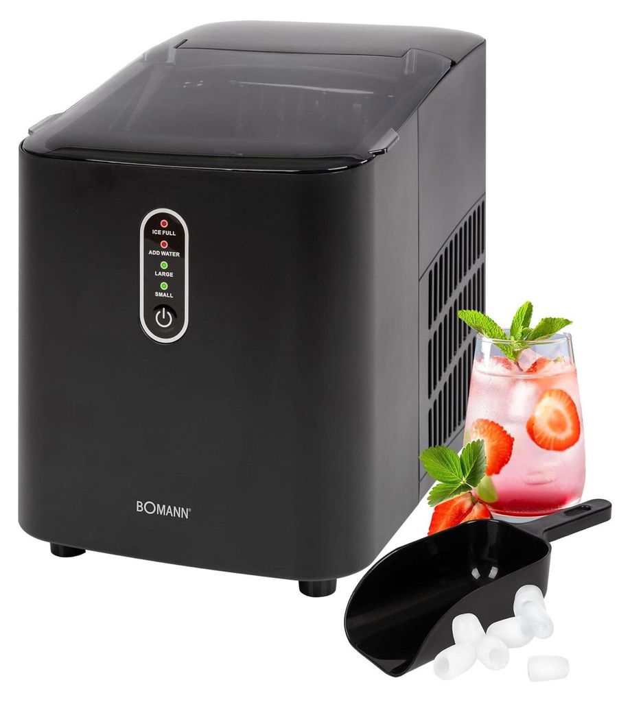 A black Bomann ice maker is shown next to a glass of pink lemonade with strawberries and mint, and an ice scoop with ice cubes.