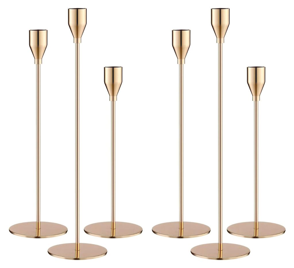 Kerzenständer Gold 6er Set, Stabkerzenhalter 33/29/23 cm, Metall Kegelkerzenleuchter Vintage Dekoration, geeignet für romantische Candle-Light-Di...