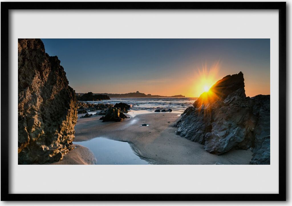 Bild 100x70 MDF-Rahmen Wandkunst Rock Beach, Sonne, Landschaft