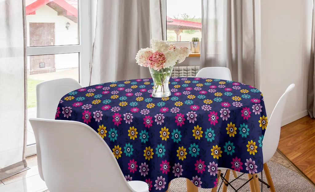 ABAKUHAUS Tovaglia rotonda con motivi floreali, amore floreale colorato, tovaglia circolare per decorare la sala da pranzo e la cucina, 150 cm, indaco e multicolore