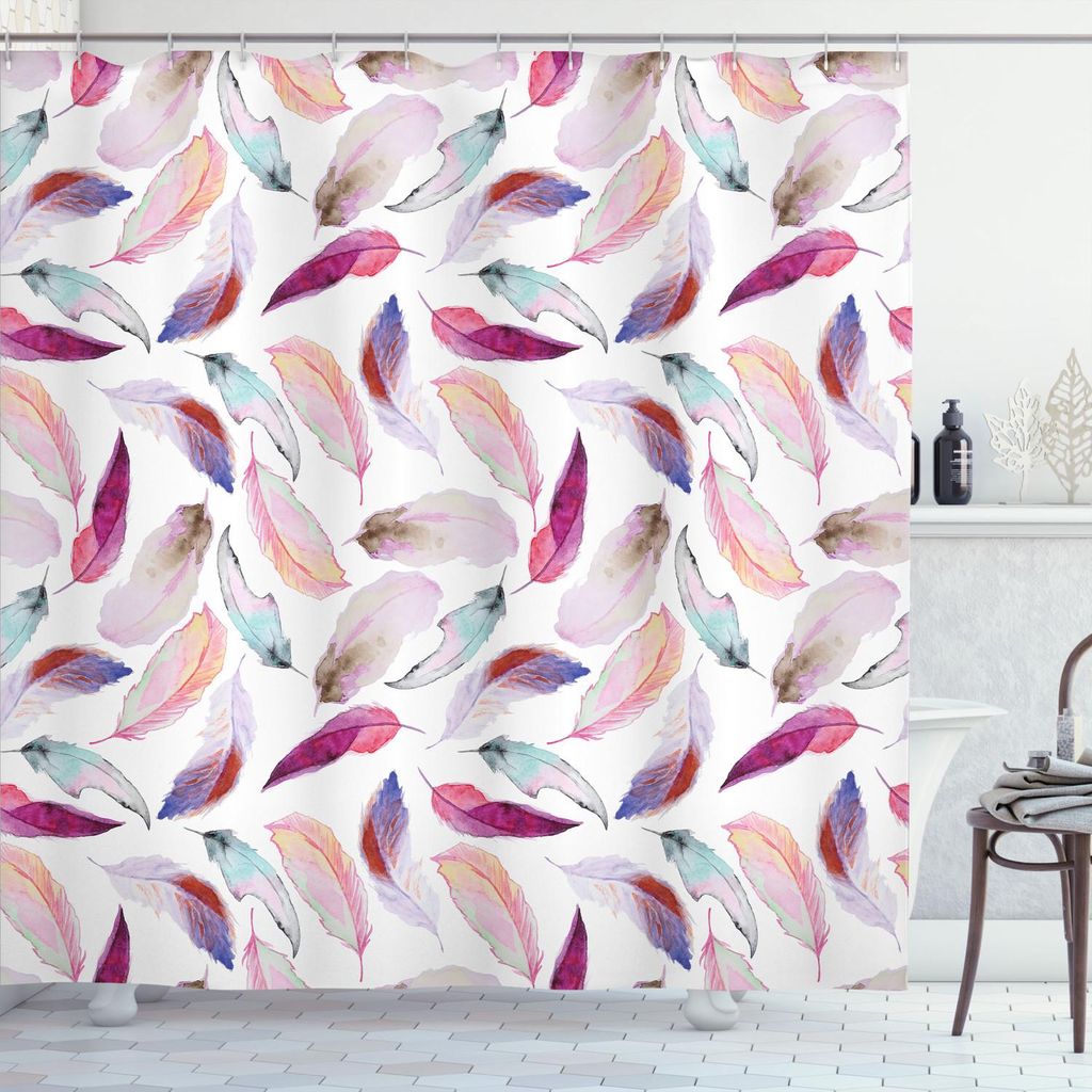 ABAKUHAUS Gefieder Duschvorhang, Mix Federmotive in romantischen femininen inspirierten Farben Outer Wing Covert Theme, 175 x 180 cm, Pink Lila