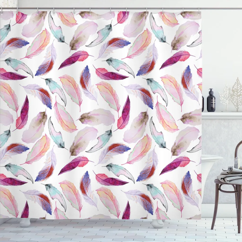 ABAKUHAUS Tenda da doccia con motivo piumato, mix di motivi piumati in colori romantici di ispirazione femminile Outer Wing Covert Theme, 175 x 180 cm, rosa lilla