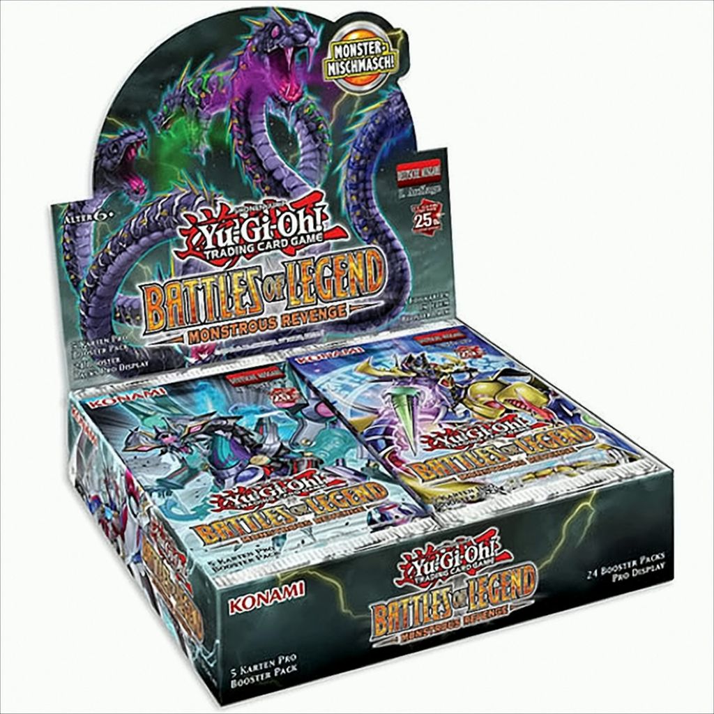 A display box of Yu-Gi-Oh! Trading Card Game Battles of Legend Monstrous Revenge booster packs.