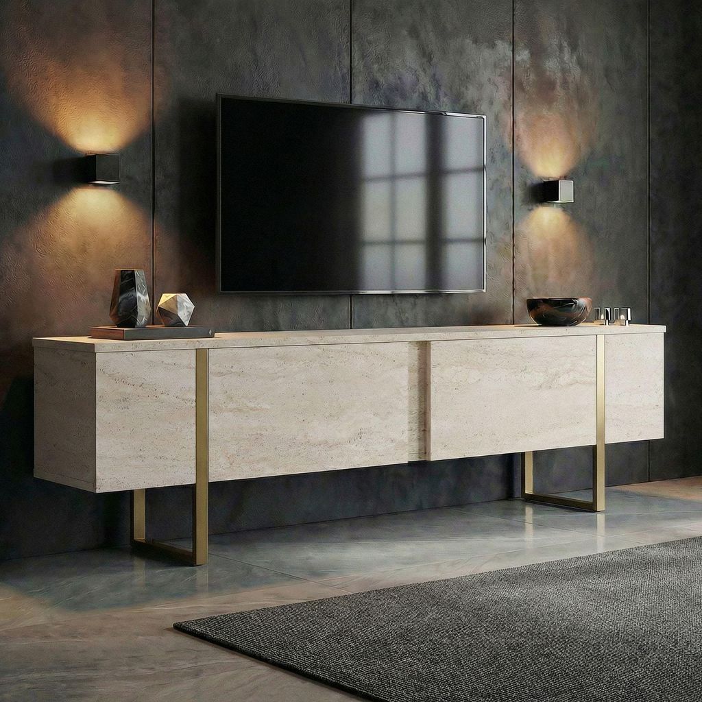 Skye Decor, mobile TV di alta qualità, travertino e oro, Immagine del prodotto 