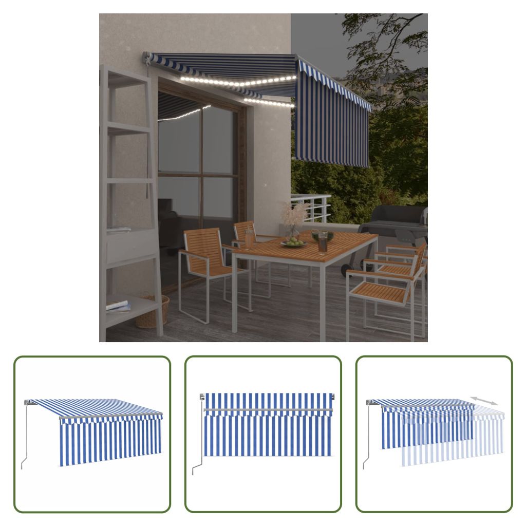 The Living Store Markise Manuell Einziehbar mit Rollo LED 3x2,5 m Blau & Weiß