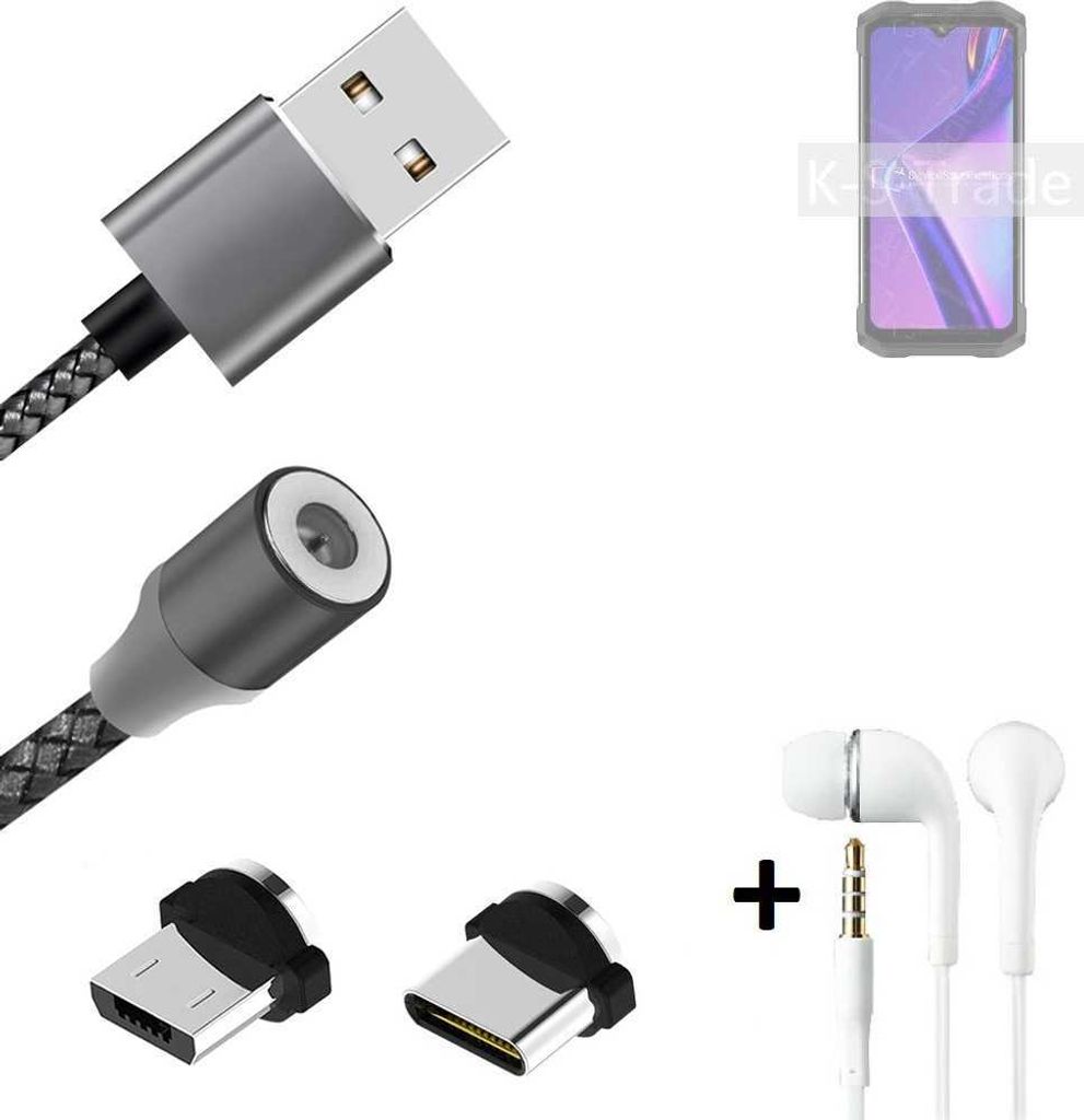 K-S-Trade Hochwertiges Magnet-Lade-kabel Sync-Kabel Daten-Kabel + Kopfhörer kompatibel mit Doogee S98 mit USB-Typ-C-Anschluss und