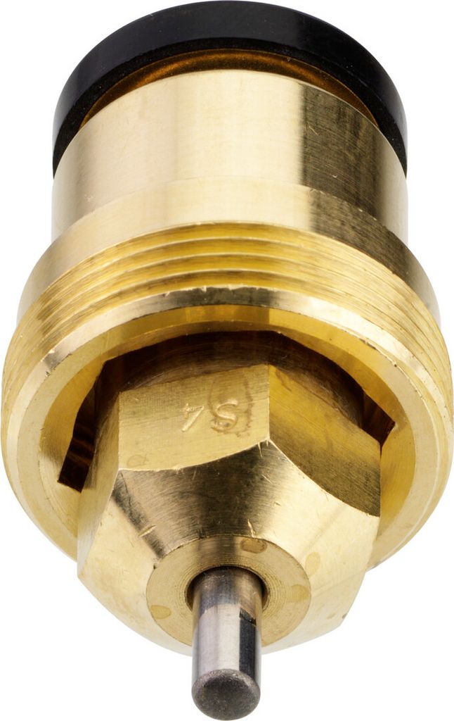 A close-up, isolated shot of a brass valve component with a black cap and a silver metal pin.
