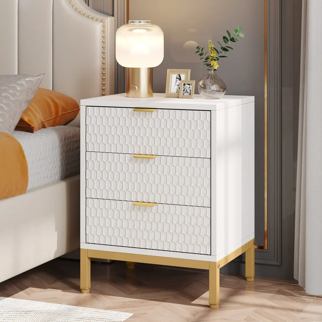 Table d'Appoint Salon et Chambre, Meuble de Rangement Moderne Blanc et Or
