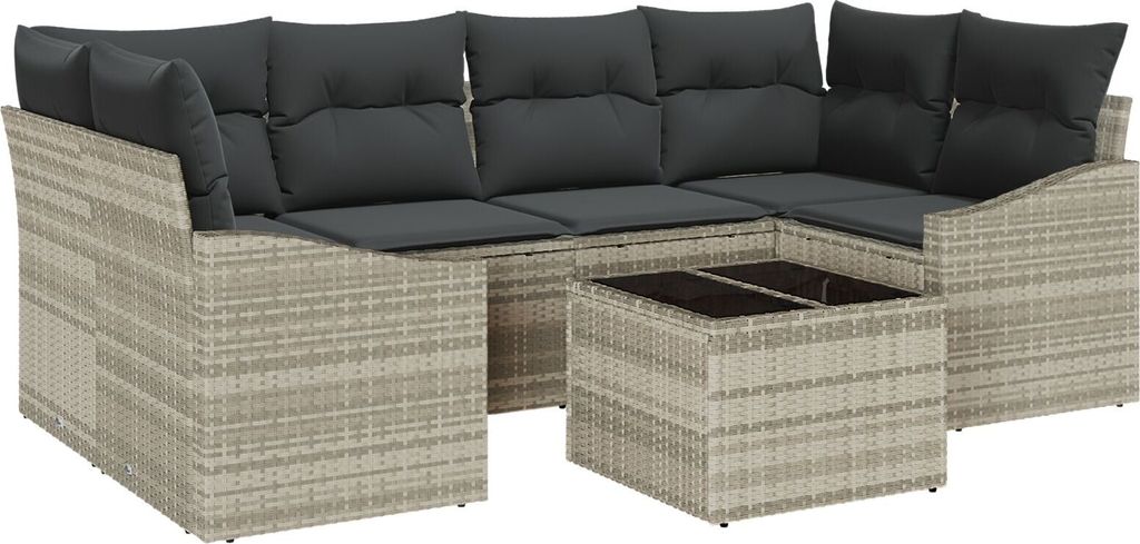Möbel 7-teiliges Garten-Dining-Set mit Kissen in Hellgrau aus Poly-Rattan - Gartensofas 3355291