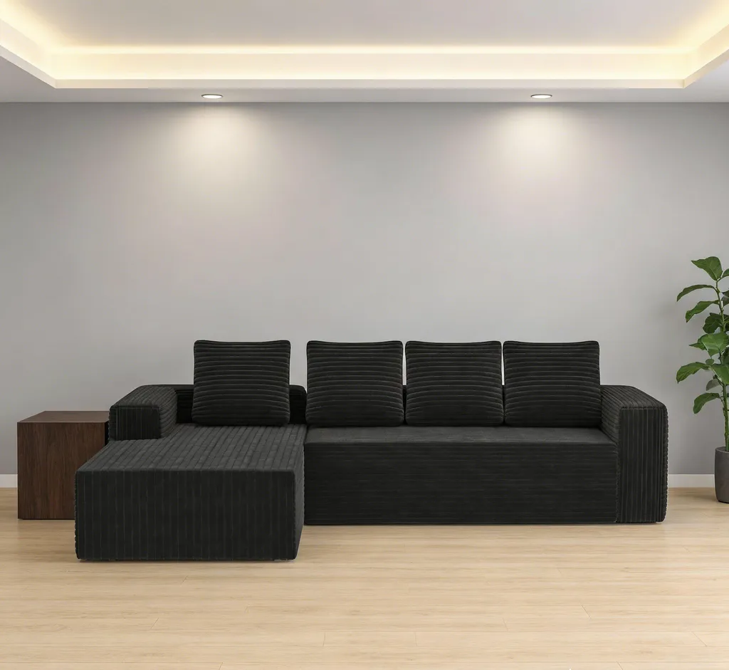 Canapé d'angle en velours noir prêt à poser, assise large sans assemblage