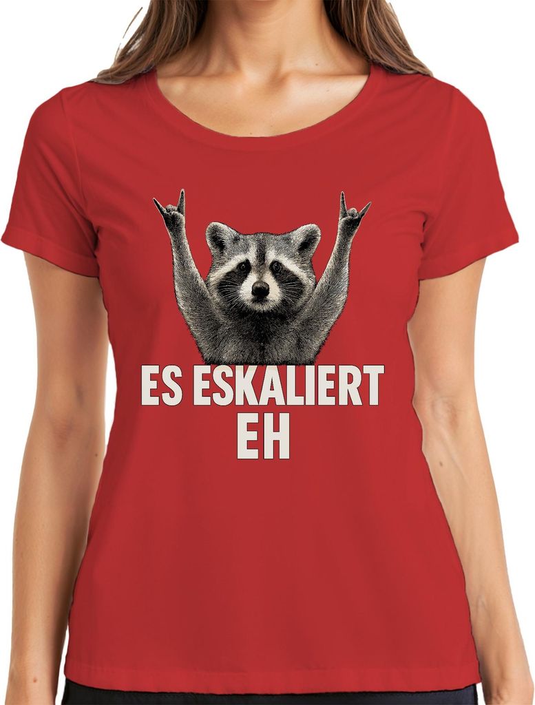 Es eskaliert eh Waschbär Rocker Party Humor Vintage Retro lustig Damen T-Shirt, Rot, M