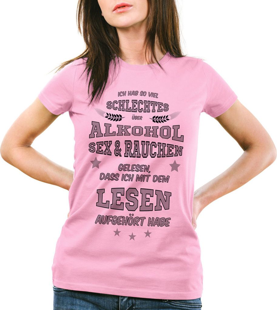 style3 Ich hab so viel schlechtes über Alkohol Rauchen gelesen... Damen T-Shirt Spruch Fun Funshirt Shirt, Farbe:Pink, Größe:M