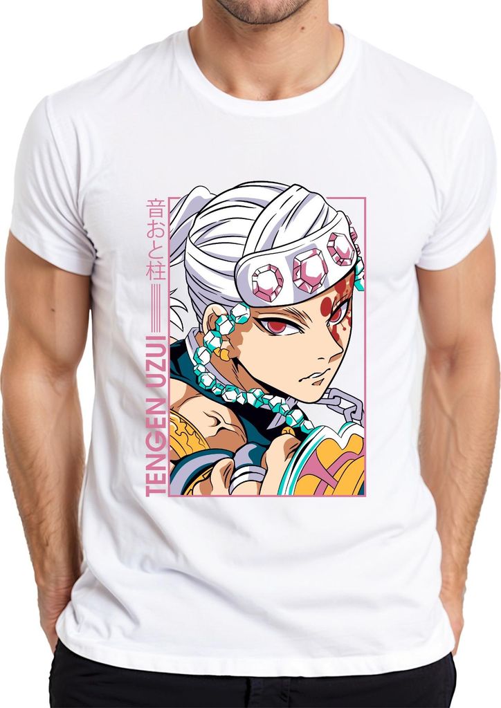 Tengen Uzui Kimetsu no Yaiba Anime Juwelen Stirnband Cosplay Herren T-Shirt, Weiß, XXL