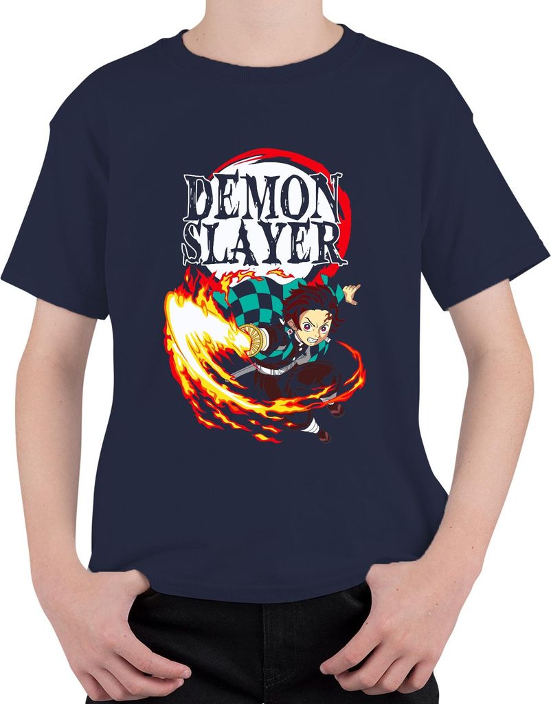 Demon Slayer Tanjiro Feuer Atem Kampf Anime Geschenk Shonen Uni Kinder T-Shirt, Navy, 128