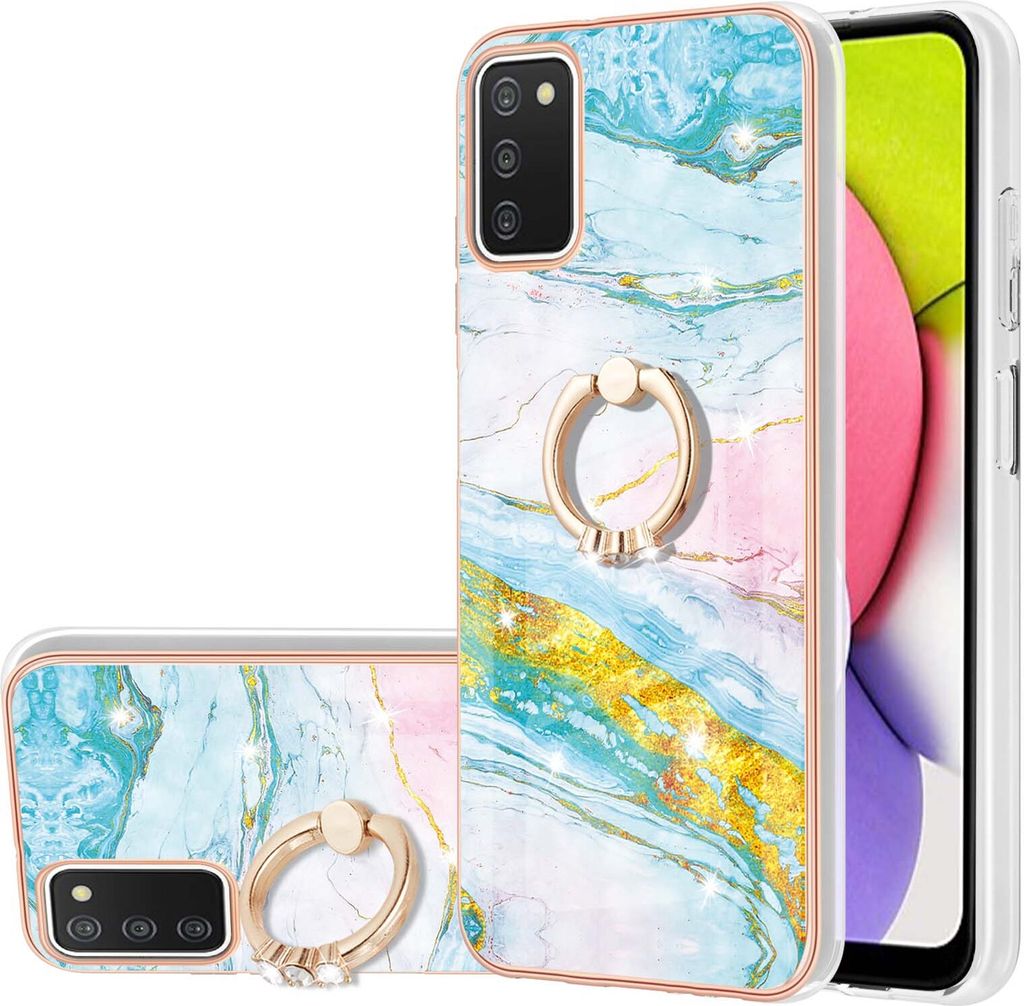 Galaxy A03S Marmor Handyhülle mit 360 Grad Ring Ständer Ultra Dünn Soft TPU Bumper Anti-kratzt Schutzhülle für Samsung Galaxy A03S Gold